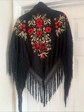 Black Embroidered Fringe Shawl with Red & Cream Floral Motif